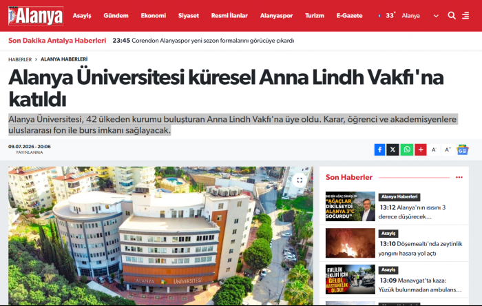 Alanya Üniversitesi'nin ALF Ağı'na katılması Alanya Gazetesinde Yayınlandı